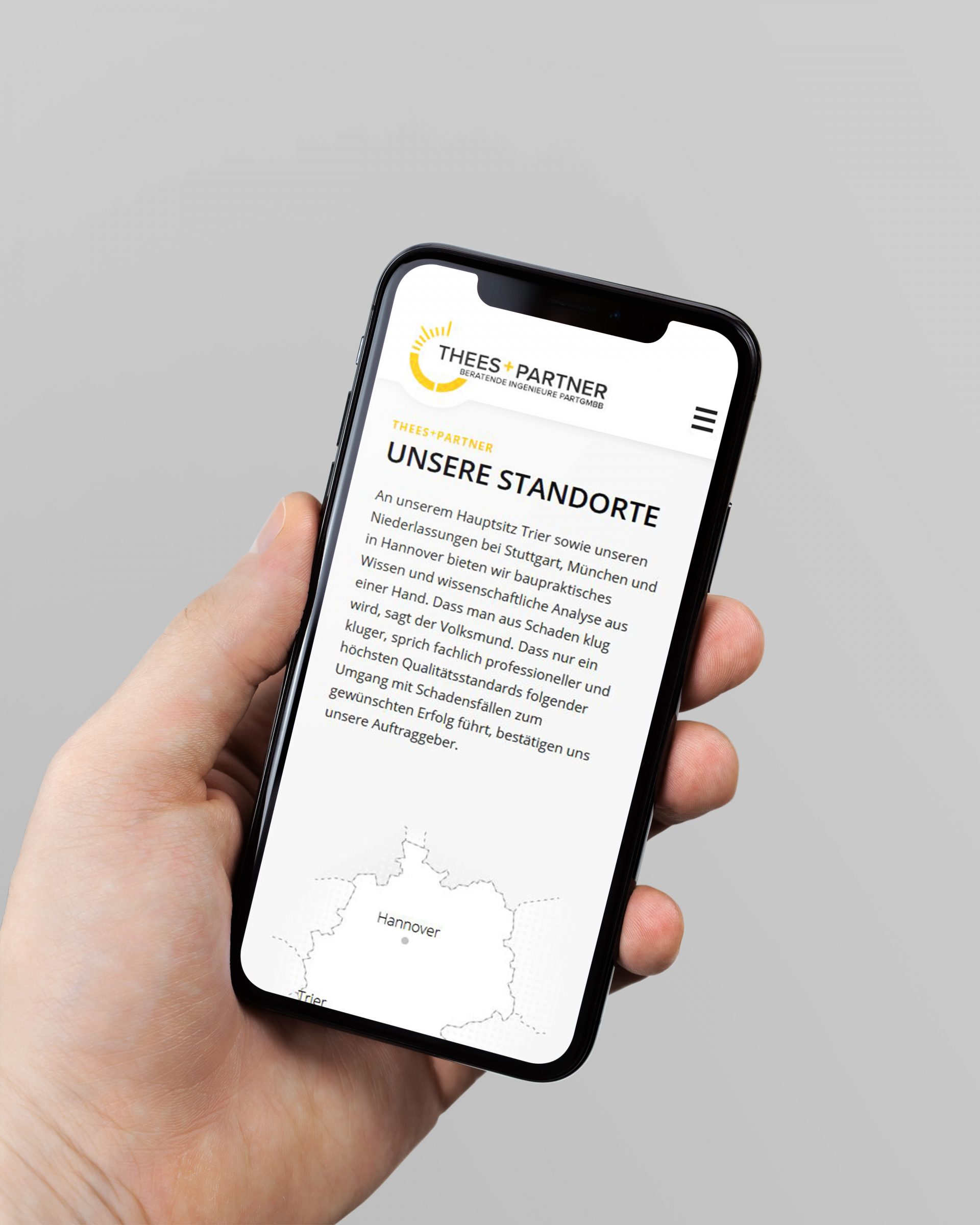 Das Bild zeigt die für Smartphones optimierte Webseite der Firma Thees und Partner