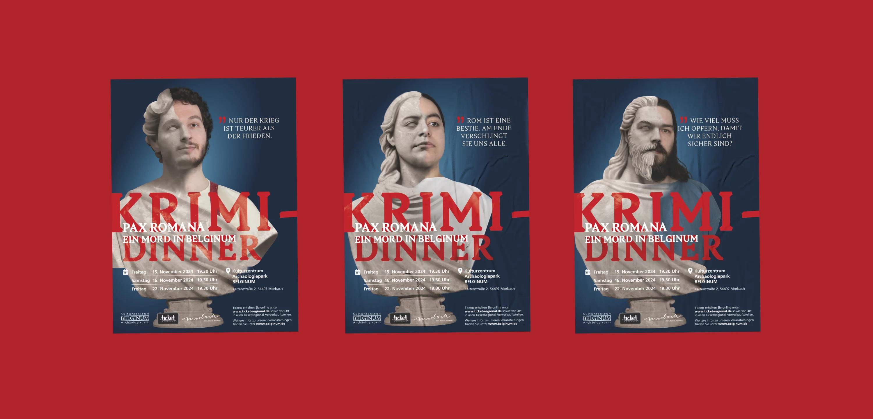 Bild einer Roten Wand mit 3 nebeneinander geklebten Plakaten